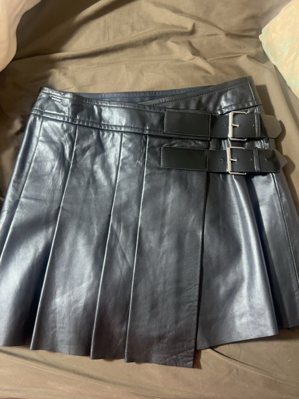 Black Lambskin Leather Pleated Mini Skirt with Side Buckles